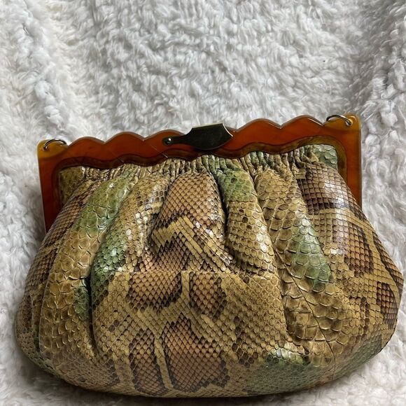 Vintage Colombetti Milano  Python snake skin shoulder Bag Lucite frame - Picture 9 of 14